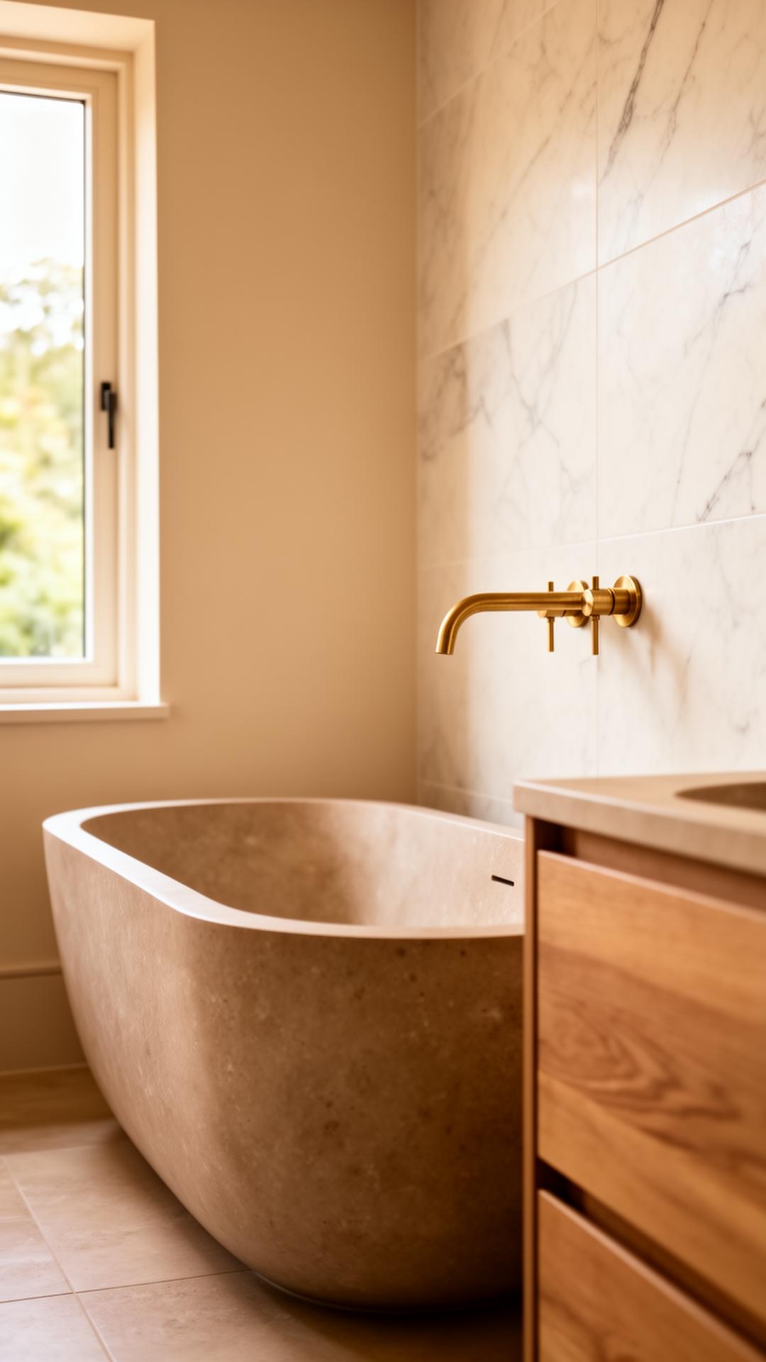 Luxe badkamer met messing wandkraan, marmeren wandtegels en eiken meubel